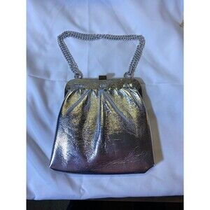 Silver Lame, Chain Strap, Kiss Lock, Clutch, Evening, Disco, Retro Purse USED